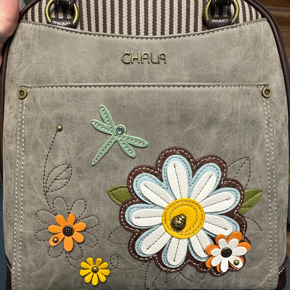 Chala Gray Crossbody Bag with Floral and Dragonfly Design